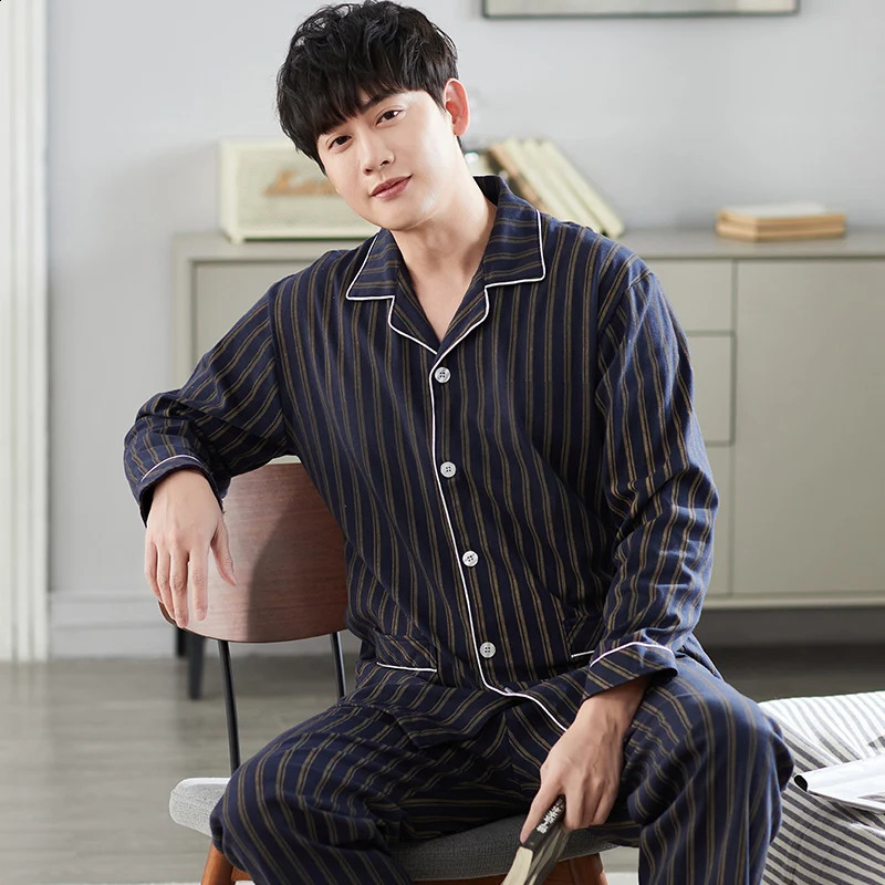 Men Pyjama Set Full Cotton Spring Long Sleeve Print Men Pajama Suit Autumn Nightwear Collar Pijama Male Sleepwear Two Piece 4XL 240828