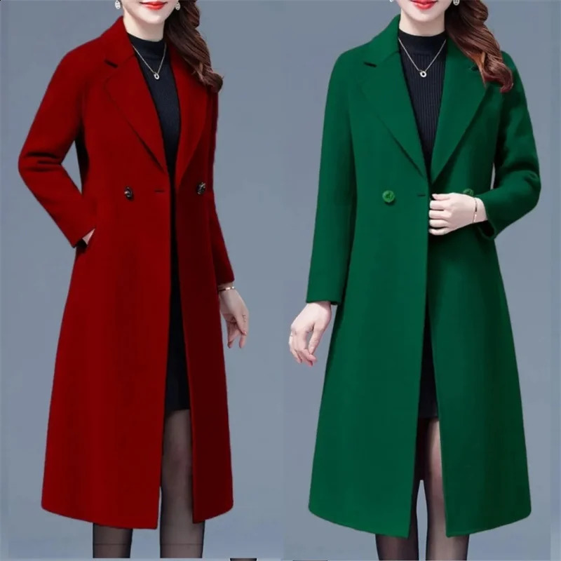 Womens collar wool long coat fashionable long sleeved single button jacket autumn and winter office womens elegant and warm wool coat 240828