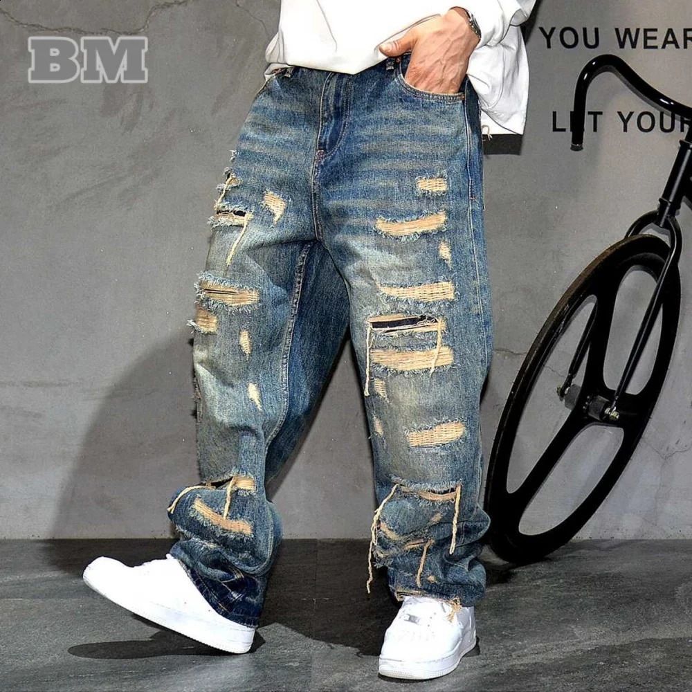 American Streetwear Hand Sewn Patch Ripped Jeans For Men Skateboard Baggy Denim Straight Leg Pants Harajuku Fashion Trousers 240828