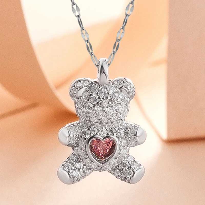 Sparkling cute bear pendant necklace suitable for women gold titanium stainless steel necklace chain link womens jewelry gift W240828