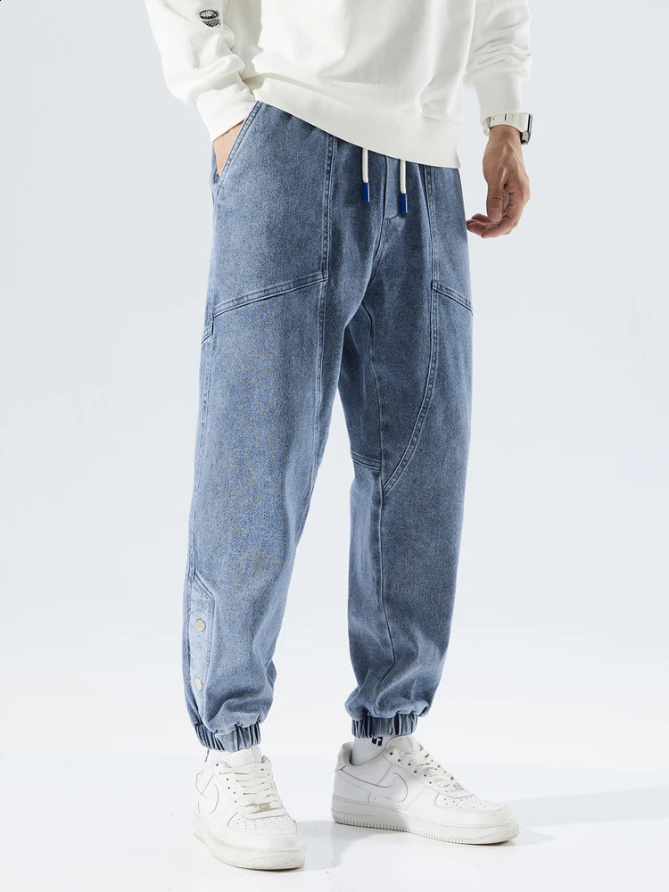 Spring and autumn plus size pocket jeans mens hip-hop streetwear harem pants fashionable embroidery elastic cotton casual jogging jeans 8XL 240829