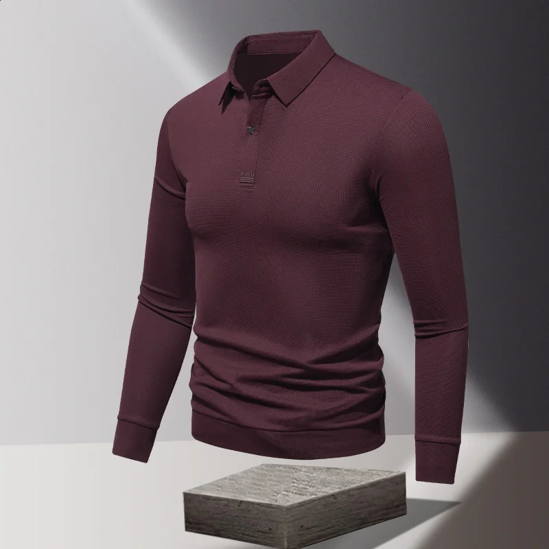 Business solid color floral letter lapel long sleeved polo Tshirt mens casual formal spring and autumn top 240828