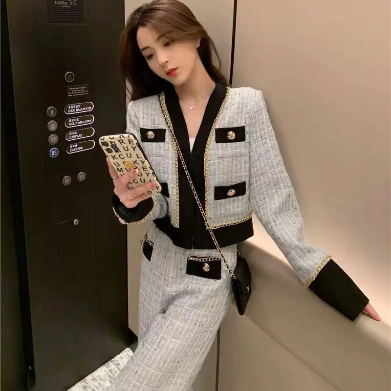 V Neck Tweed Jacket Women Top Korean Wide Leg Plaid Pants Vintage Striped Coat Y2k Two Piece Sets Womens Outifits 240828