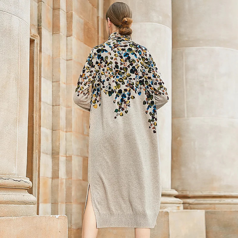 AIMEILI Autumn Retro Casual Printed Loose Dress Winter High Neck Long Sleeve Womens Elegant Tight Party Vestido 240828