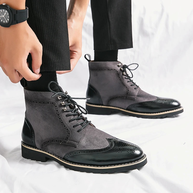 Men Dress Boots Classic Brogue Wingtip Lace-up High Ankle Business Boots 240828