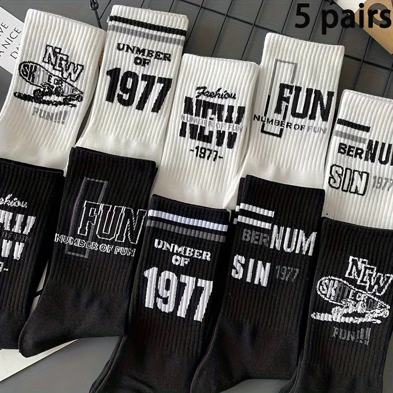 5 Pairs Of Mens Trendy Creative Letter Pattern Crew Socks Breathable Comfy Casual Unisex For Outdoor Wearing All S 240828