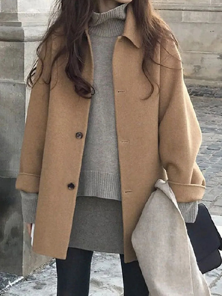 Artificial wool coat womens autumn and winter long sleeved lapel mid length jacket womens Korean fashion preparatory shoulder strap jacket 240828