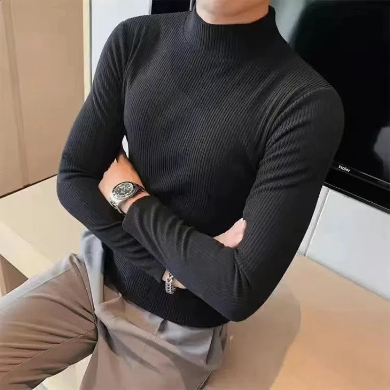 Smart Casual Spring Autumn Mens Solid Plain Collar Korean HighStreet Fashion Long Sleeve Slim Bottom Womens Tshirt Top 240828