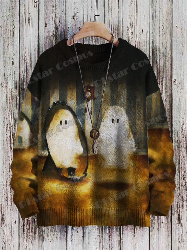 Halloween Ghost and Jack-o-Lanton 3D Printed Mens Knitted Pullover Winter Neutral Casual Knitted Pullover Sweater ZZM139 240829