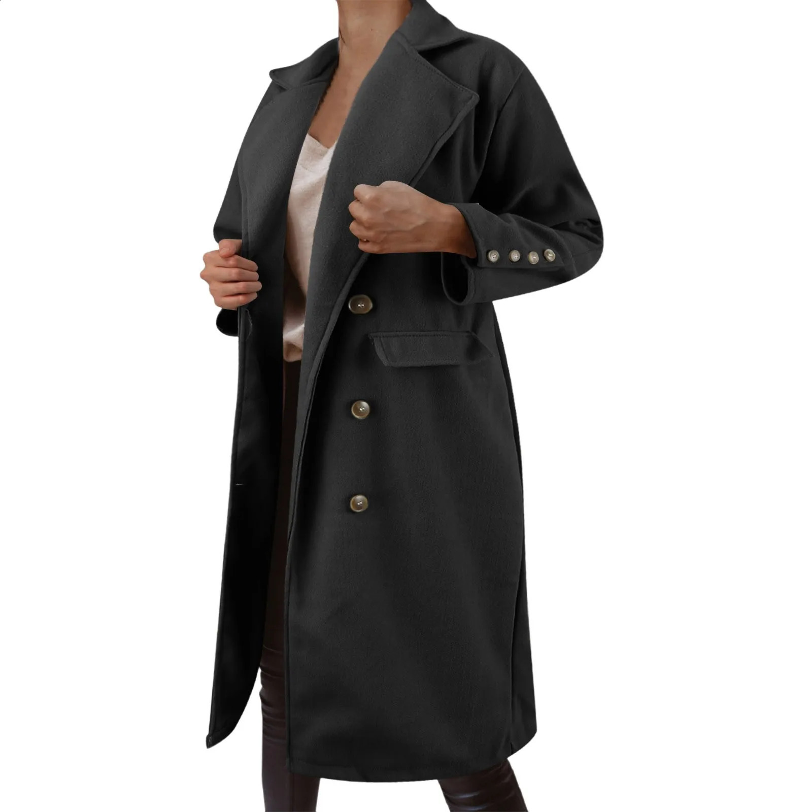 Autumn and winter wool coat womens long sleeved double chest slim fit slotted coat womens solid lapel long coat 240828