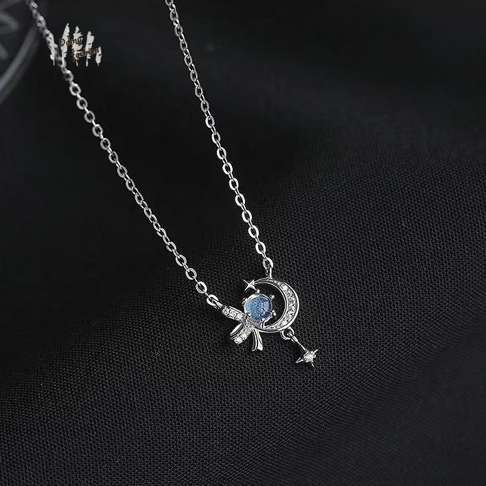 S999 pure sier moonstone star moon bow necklace for women's fashion, high-end, niche, new Valentine's Day gift F08.30-5.8 7fad1