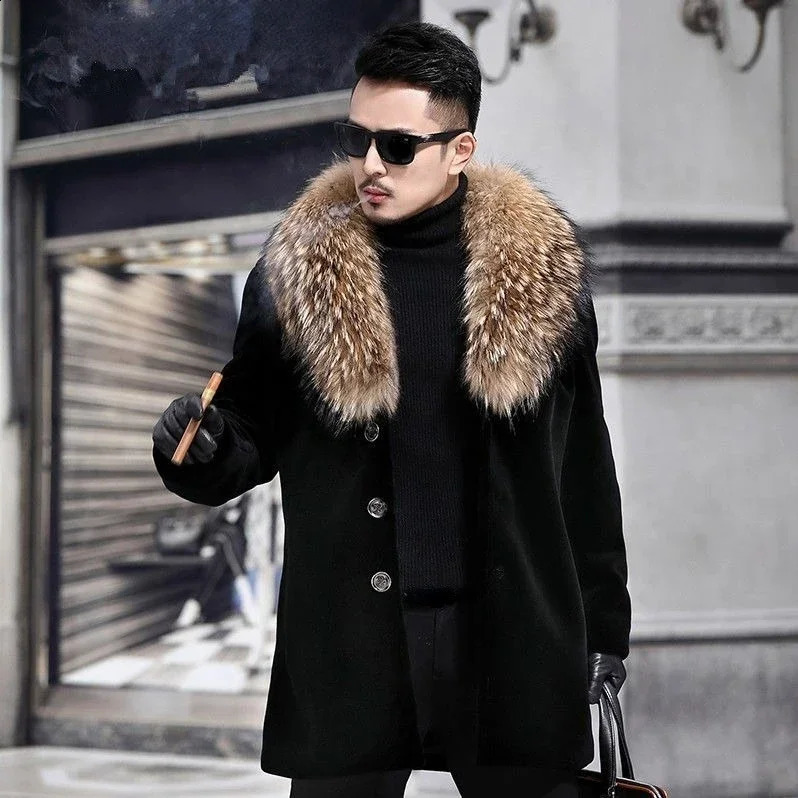 Mens black faux fur collar jacket button long sleeved winter oversized warm mens windbreaker Xxl 240828