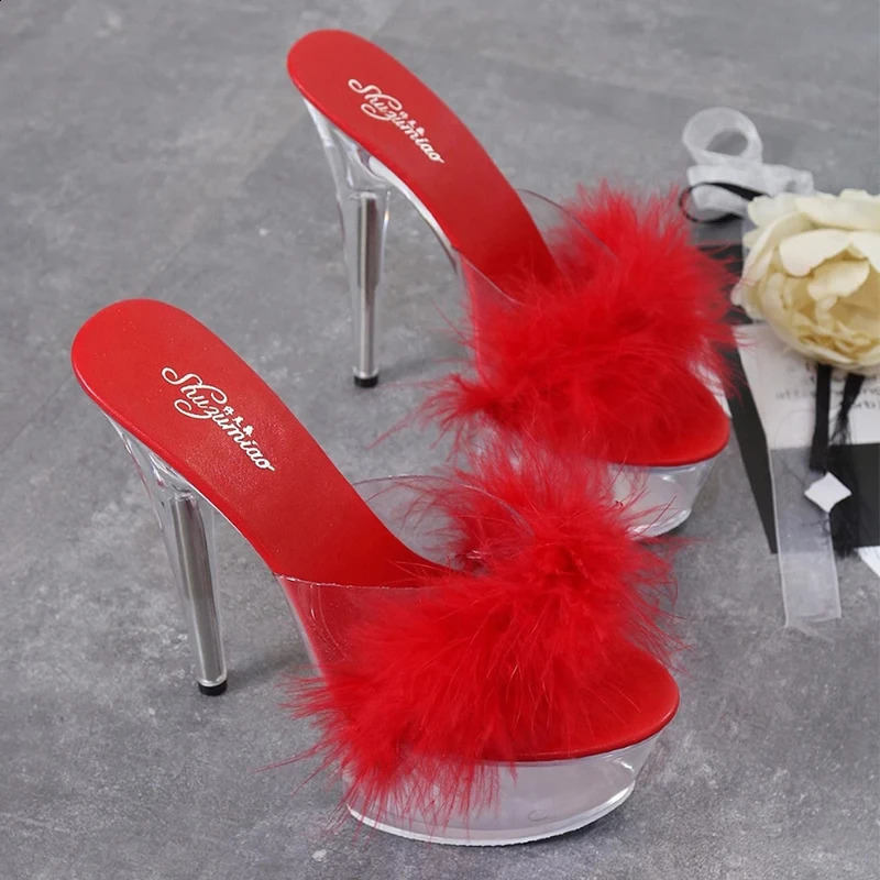 Shuzumiao Shoes Womens Fur Sexy High Heel Slippers 15cm Fine Anti Horizontal Sandals Crystal Shoes Wedding Banquet 240827