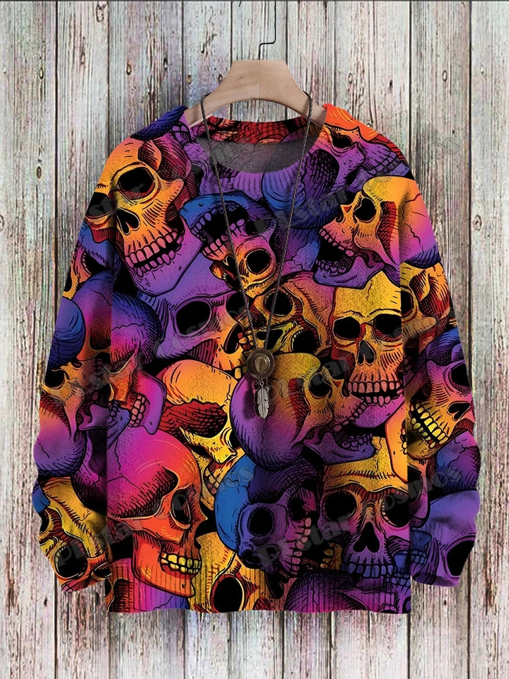 Halloween Skeleton Rainbow Art Pattern 3D Printing Mens Knitted Pullover Winter Neutral Casual Knitted Pullover Sweater ZZM133 240829