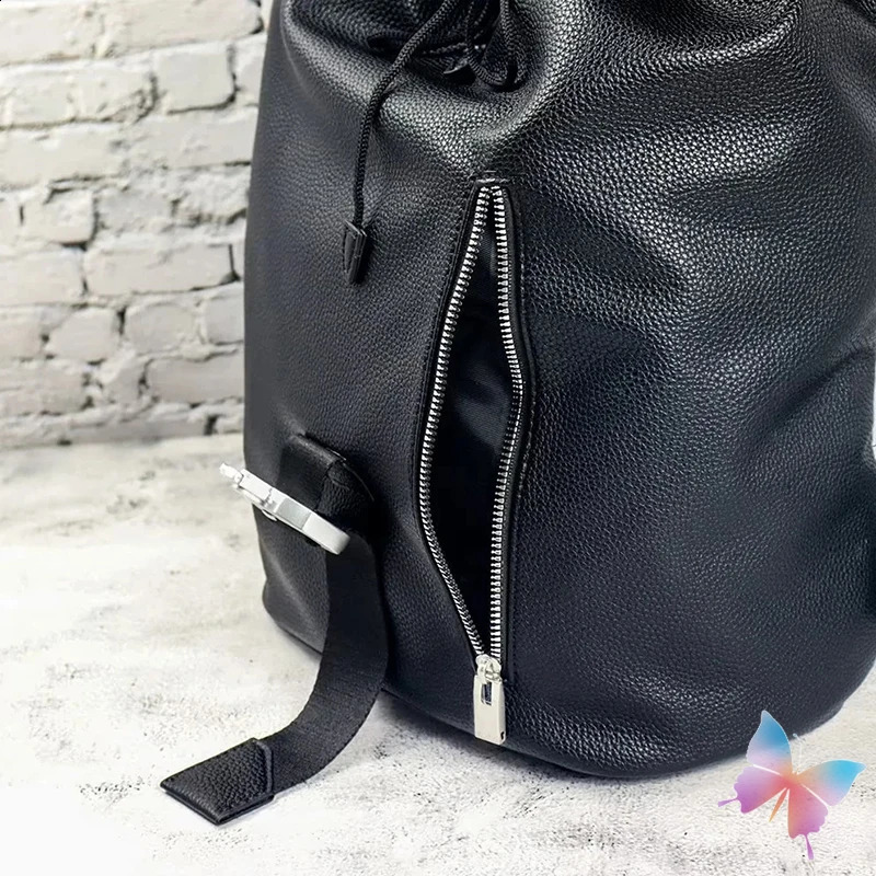 Unisex 1017 ALYX 9SM PU Faux Leather Fabric Flap Drawstring Bucket Bag Functional Tactical Buckle Black Outdoor Travel Backpack 240829
