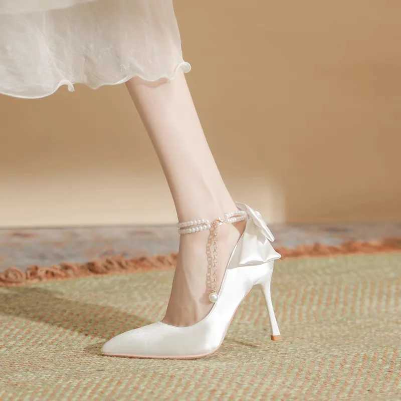 High Quality Size 35-40 fine high heels with pearl buckle strap 9cm high heels womens bow satin fabric white wedding shoes womens pump T241024