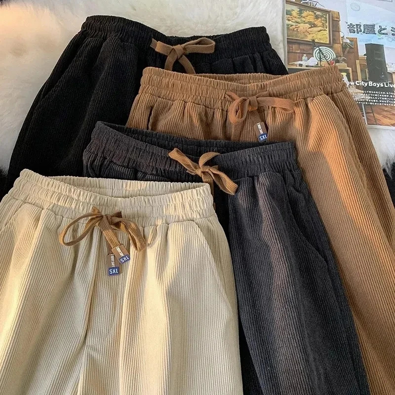 Autumn Fashion Women Corduroy Sweatpants Bf High Waist Drawcord Korean Solid Casual Wide Leg Pants Winter Warm Straight Trousers 240829