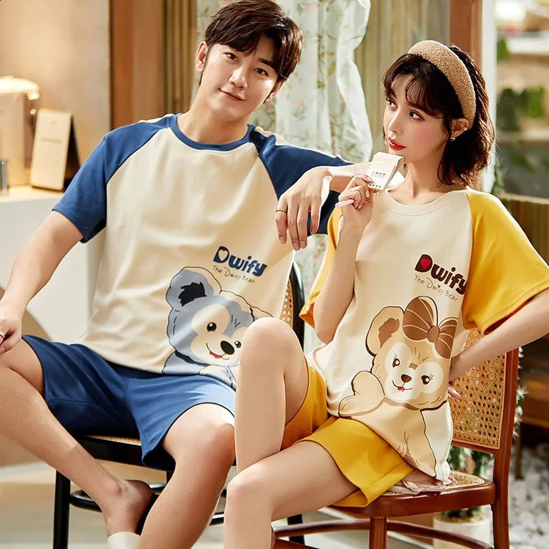 Cotton Couples Pajamas Set For Men Women Summer Short Sleeves Sleep Top Shorts Homewear Female Male Night Clothing hombre 240828