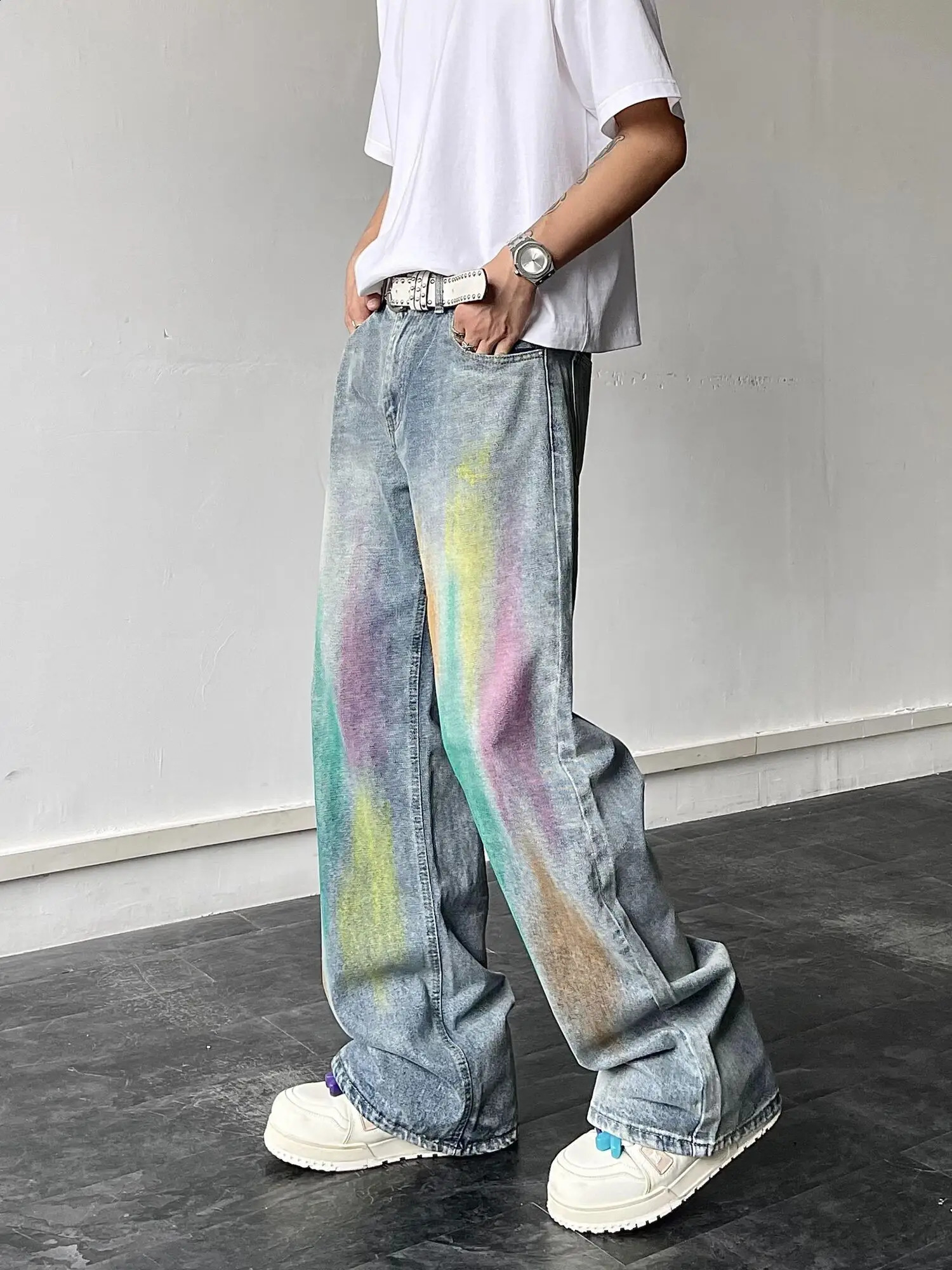 BLACKLISTS American Rainbow Graffiti n Feel Jeans Mens Trendy Loose Straight Pants 240829