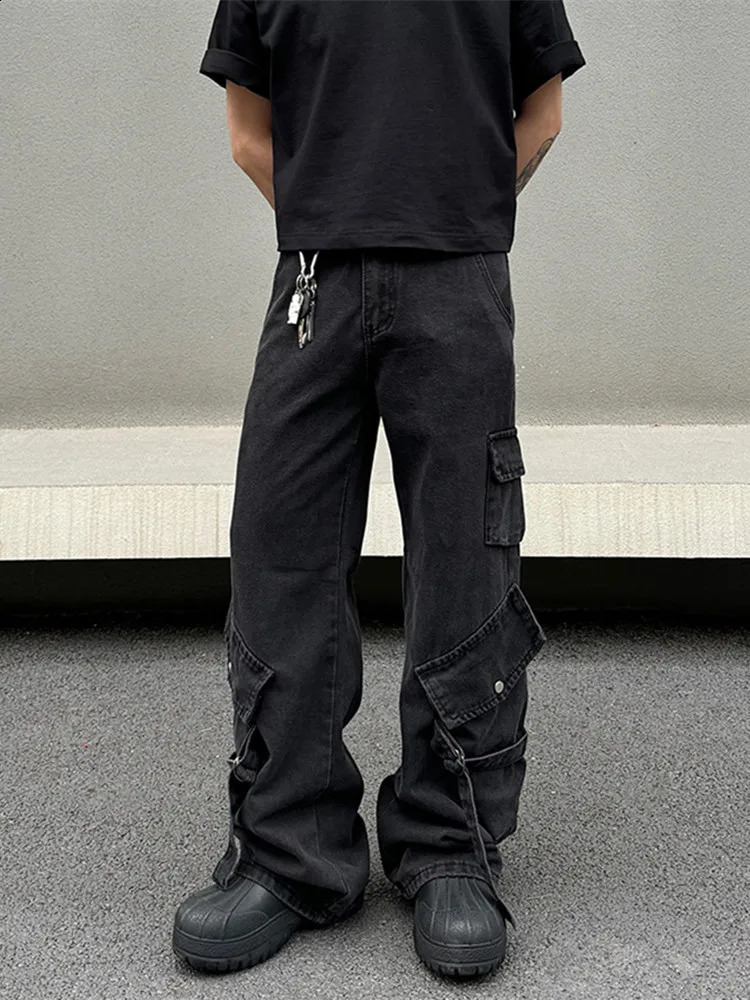2024 Cyber Y2K Streetwear Black Multi Pockets Baggy Jeans Cargo Pants For Men Clothes Straight Trousers Pantalon Homme 240823