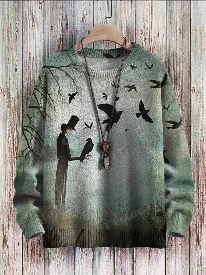 Halloween wizard crow retro art pattern 3D printing mens knitted floral winter unisex casual knitted floral sweater ZZM125 240829