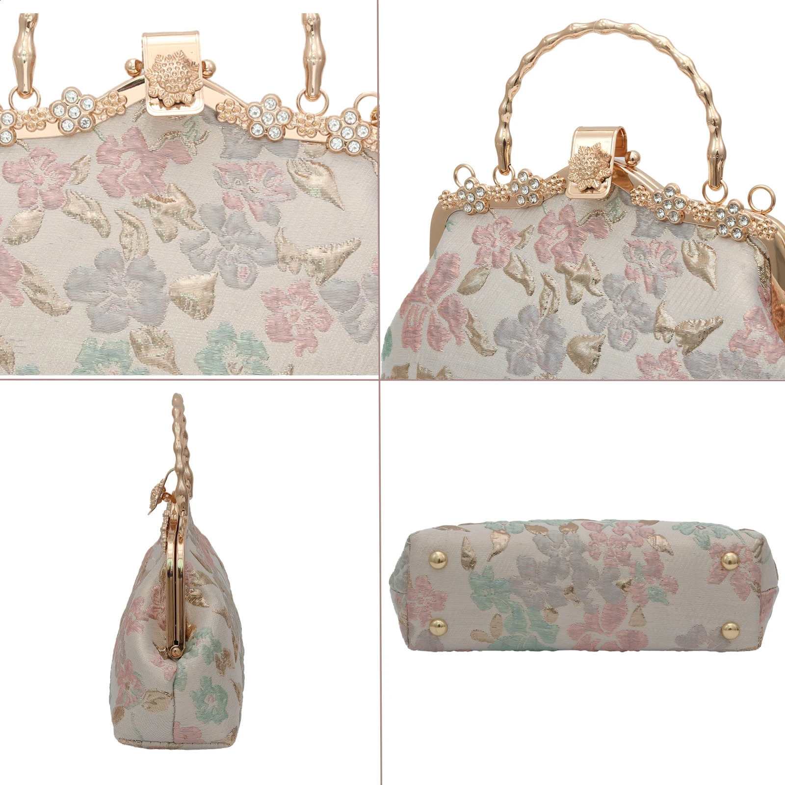 YEBON Bright Relief Flower Womens Clutch Kiss Lock Evening Bag for Wedding Party Prom with Strap Pearls 240828