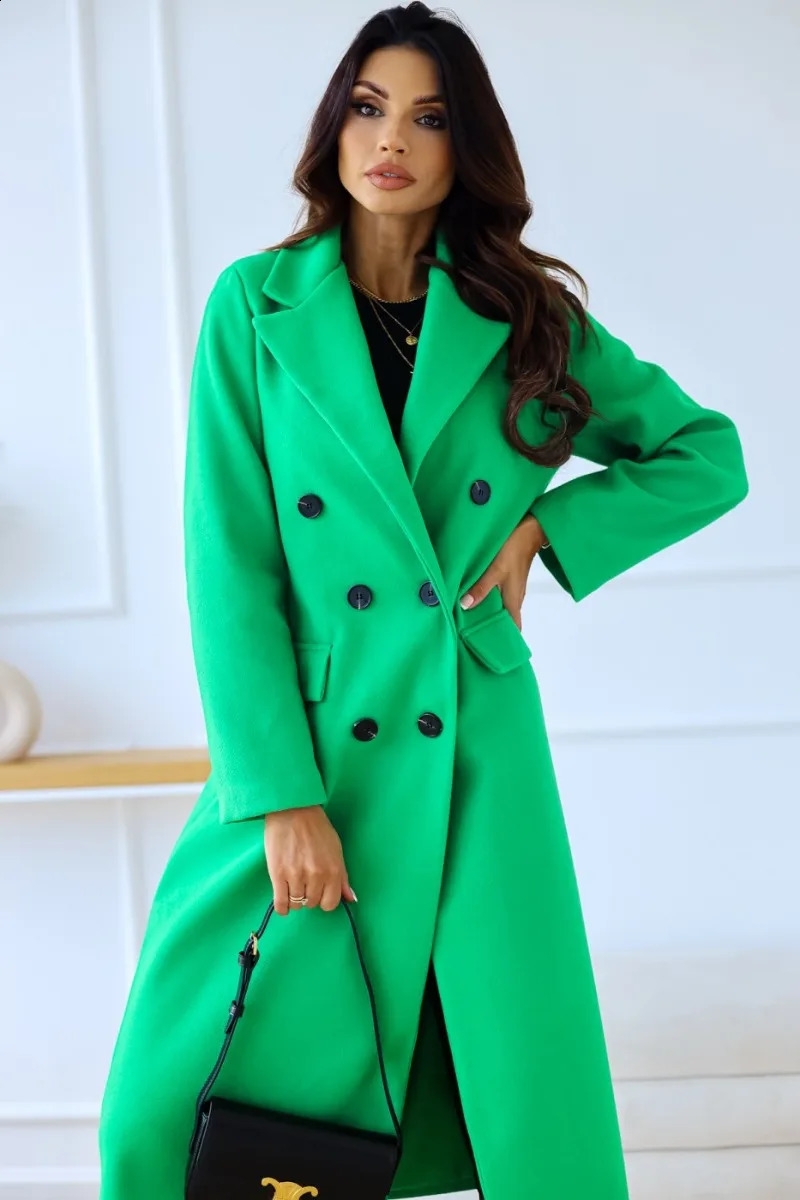 Womens clothing autumn and winter item simple double-layer long sleeved lapel button wool coat 240828
