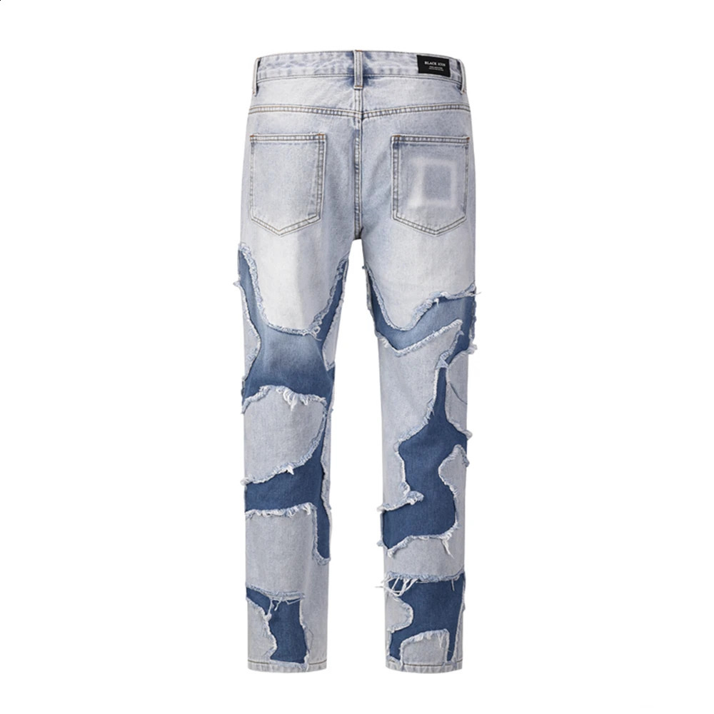 High Street Vibe Style Patchwork Frayed Jeans Pants for Men Retro Washed Hole Ripped Casual Loose Denim Trousers Oversized 240826Z