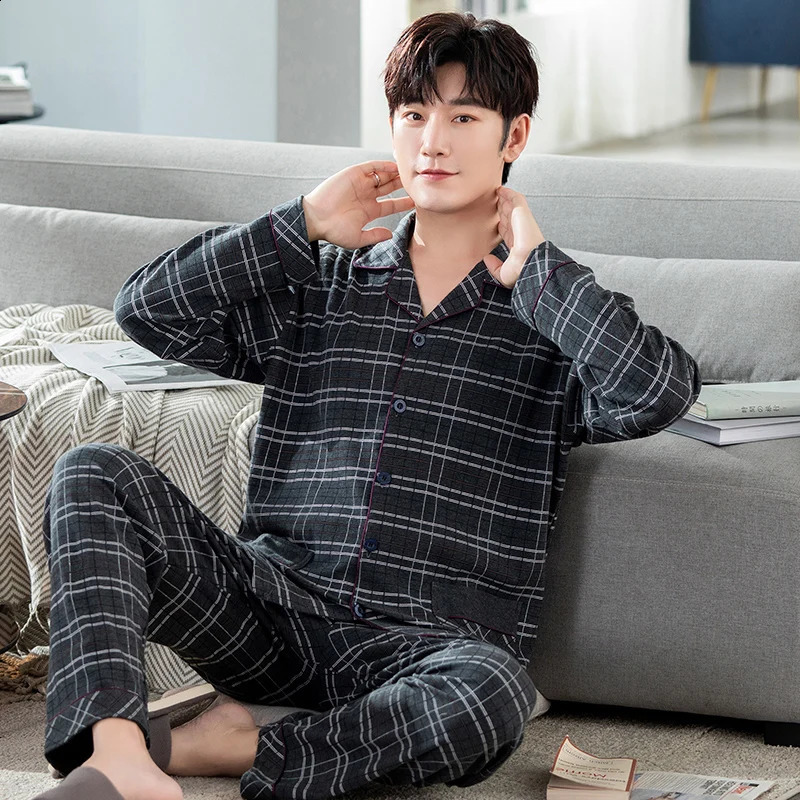 Men Pyjama Set Full Cotton Spring Long Sleeve Print Men Pajama Suit Autumn Nightwear Collar Pijama Male Sleepwear Two Piece 4XL 240828