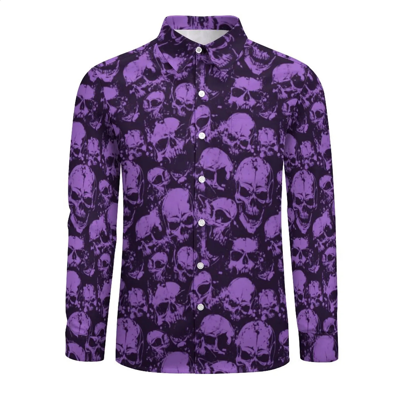 Purple skull shirt mens Halloween printed casual shirt autumn Harajuku custom shirt long sleeved fashionable oversized clothing gift 240829