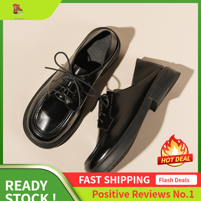 Ddmysports Spring New Black Lace Up Small Leather Academy Style Thick Eel Le Fu Shoes Versatile Can Step On And Wear Twice OUTDOOR