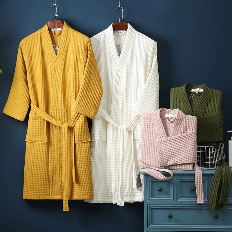 Cotton Terry Robe for Spring and Summer Thin Morning Robe Long Sleeve Waffle Bathrobe el Beauty Bath Towel for Couples 240829