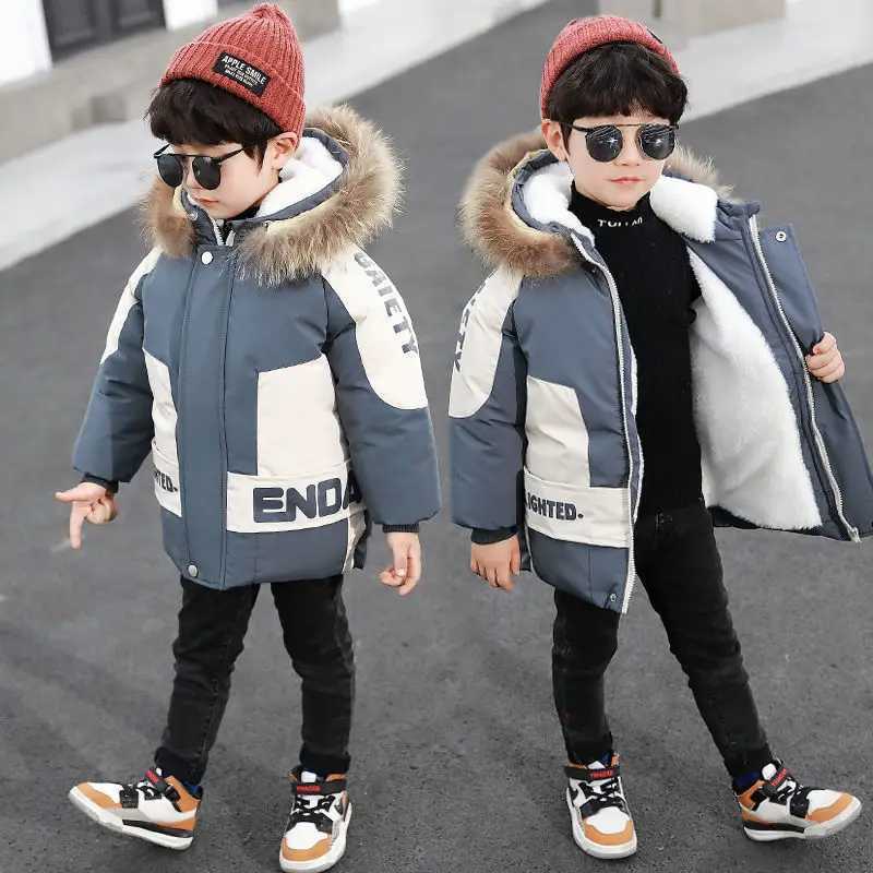 Winter boys coat 2024 new baby Fur collar hooded cotton plus velvet thicken warm jacket for children parka 2-8years kids clothesY240829