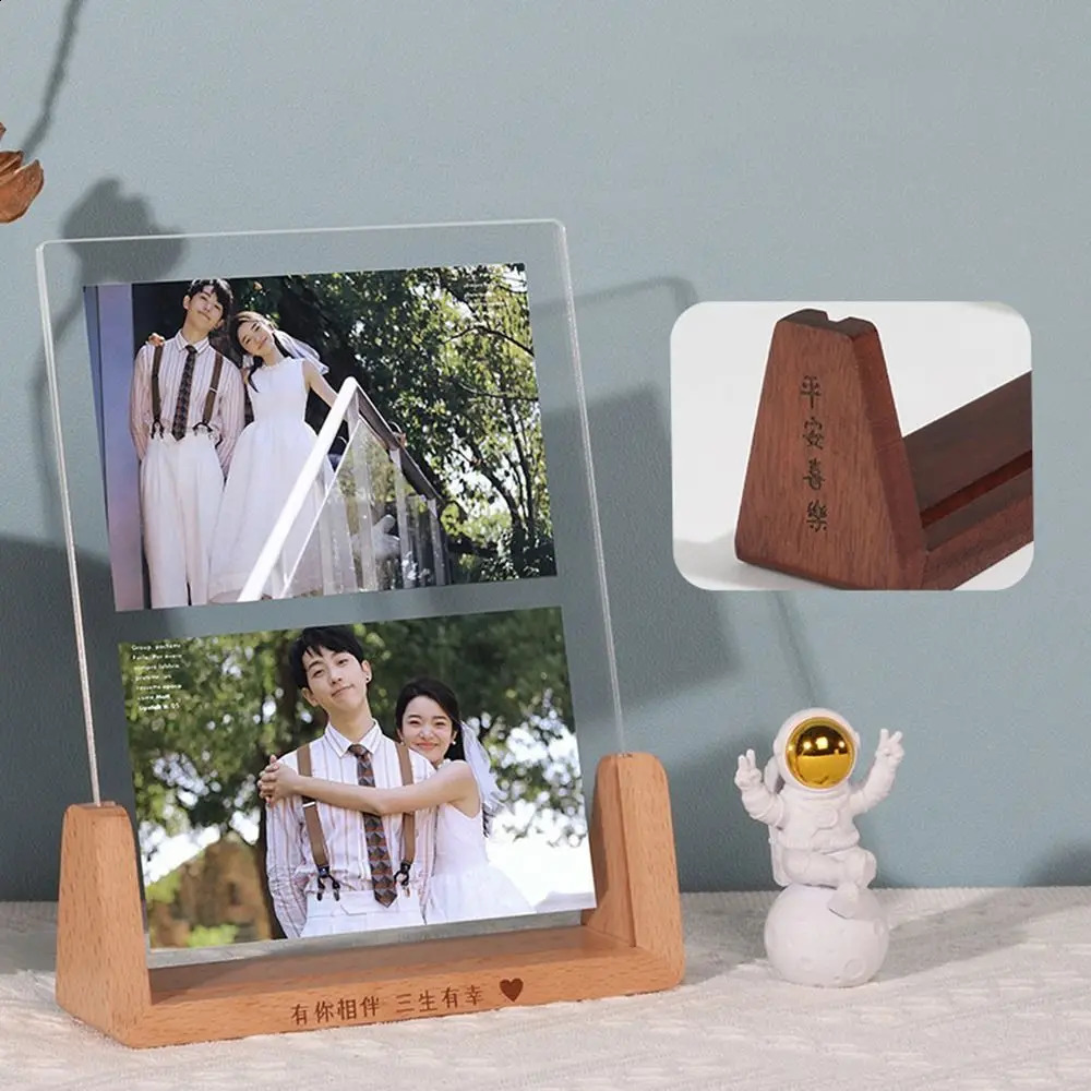 Walnut/Beech Creative Po Frame Acrylic U-shaped Transparent Po Frame Desktop Wooden Wedding Picture Frame Office Decoration 240829