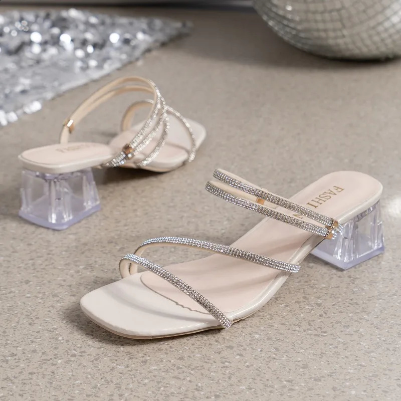 Women Mid Heeled Sandals Summer Open Toe Rhinestone Fashion Sandals Personality Clear Square Heel Dressy Party Sandalias 240827