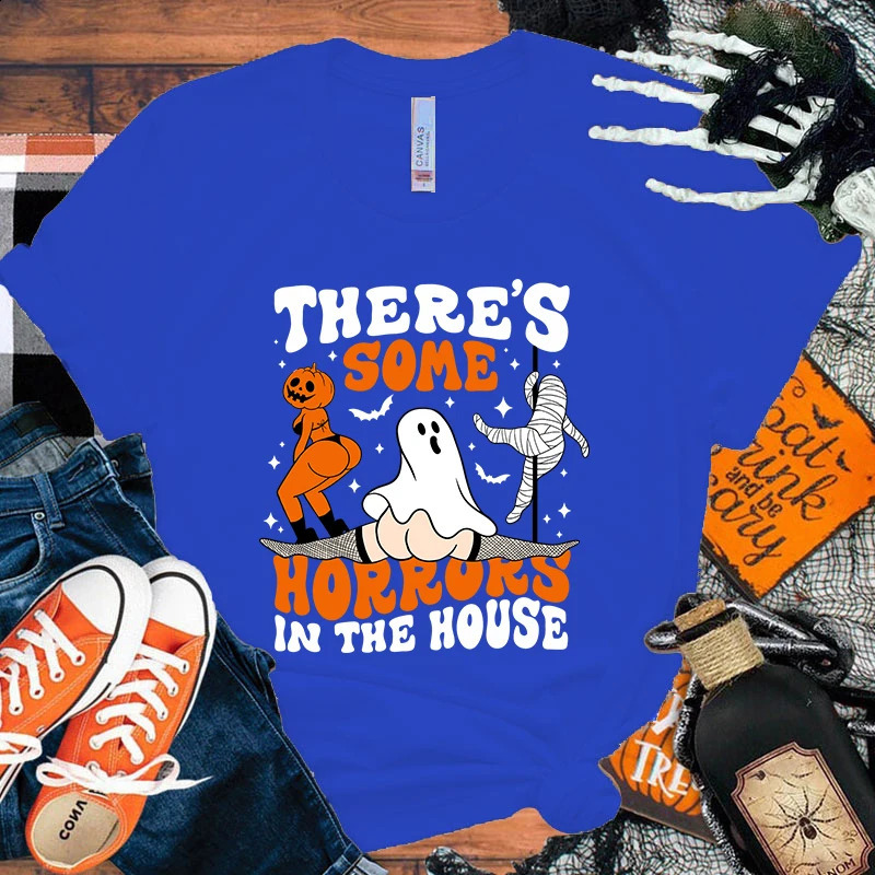 There are some horror printed T-shirts in the Halloween house summer casual loose T-shirts womens Harajuku shirts 240829