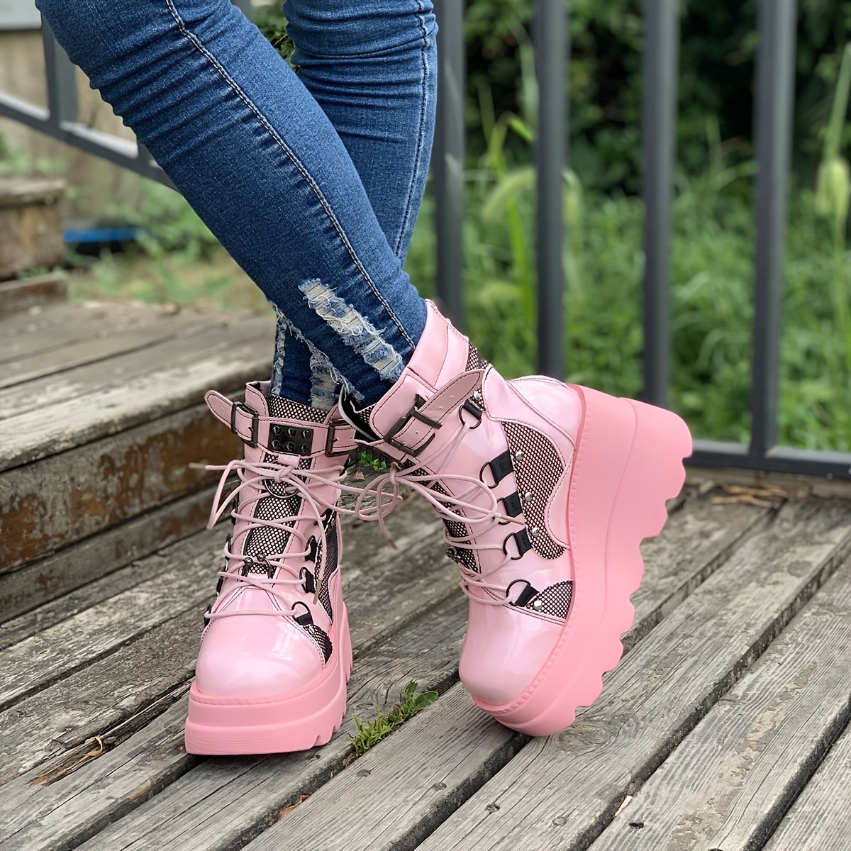Punk Style Women's Ankle Boots with Studded Buckle Decor and Wedge Heel