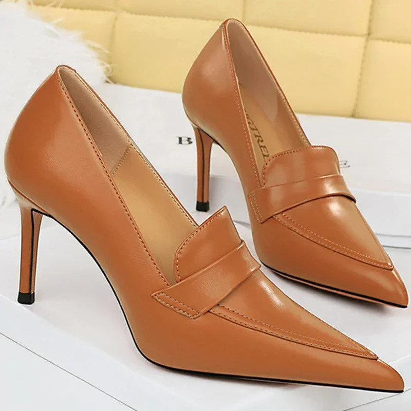 Elegant Womens 8cm High Heels Wedding Pump Bridal Classic Pu Leather Retro Slippers Womens Brown Black Office Shoes 240827