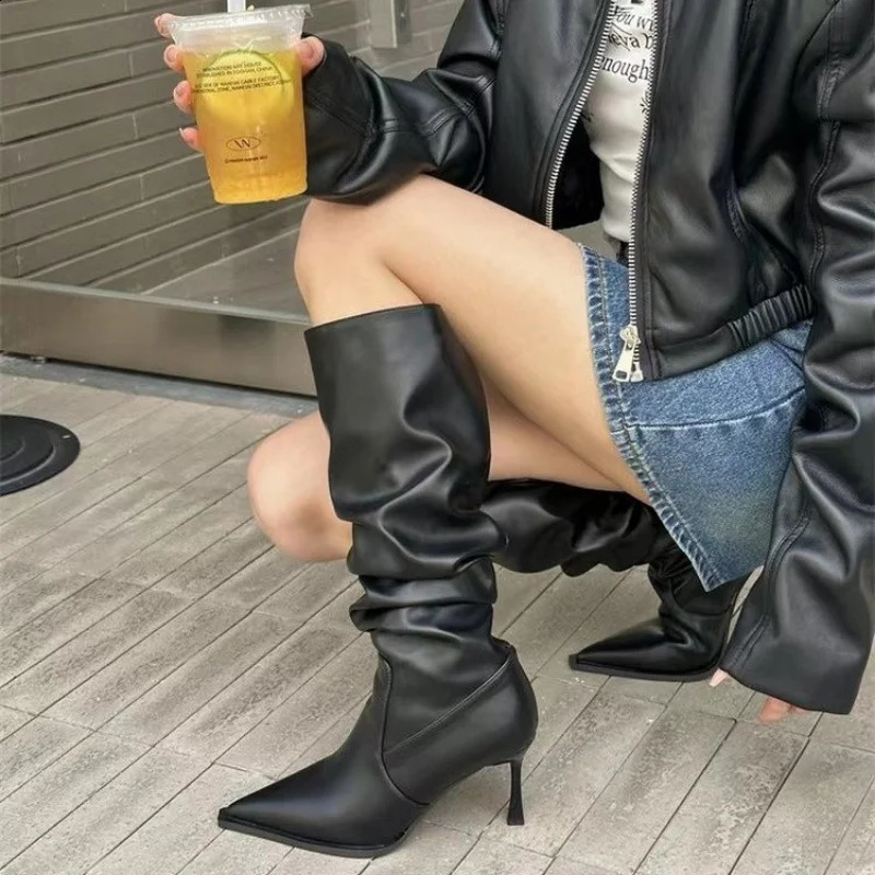 Womens Pointy pleated boots high heels black womens knee high heels womens autumn fashion slim high heels womens Pointy rubber boots 240827