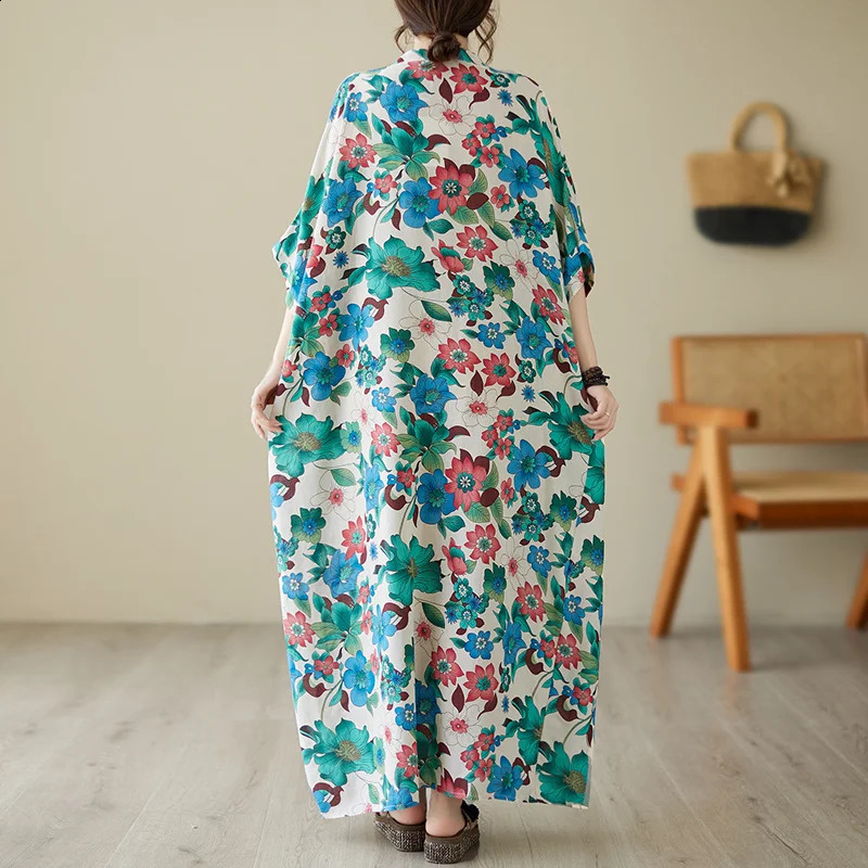 Wxw6513 Summer Printed Long Dress Loose Pocket Retro Floor Length Womens Thin Beach Cotton 240828