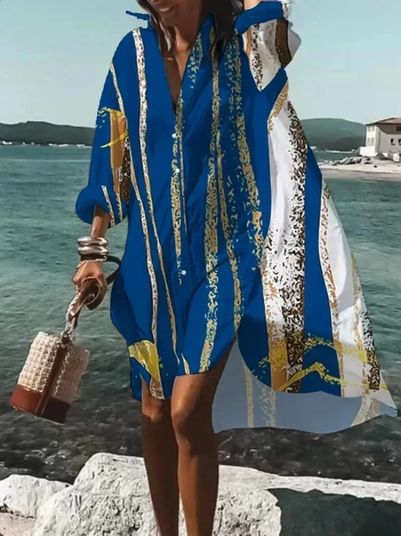 Large size summer ultrathin fashion version dress with casual digital printing loose chest circumference long sleeved collar womens shirt 240828