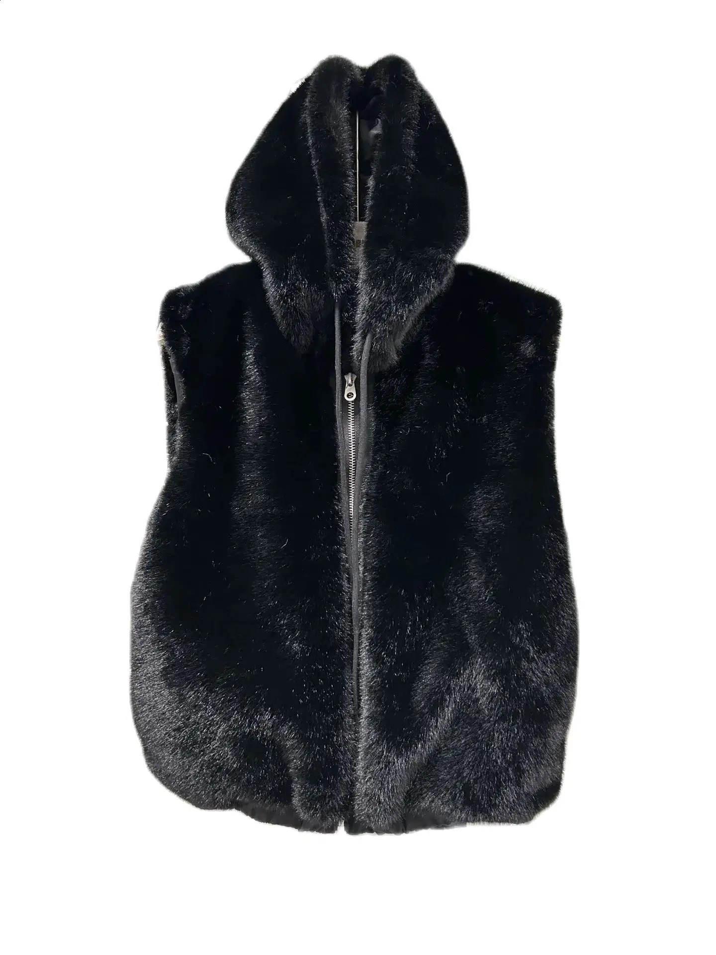 Korean style female student hooded fur coat sleeveless casual zipper flying faux vest with hat young womens leather jacket 240829