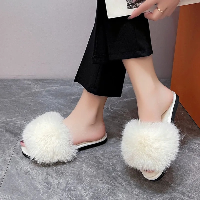womens slippers winter simple word fur apartment soft home womens slippers artificial fur warm bedroom casual womens shoes 240827