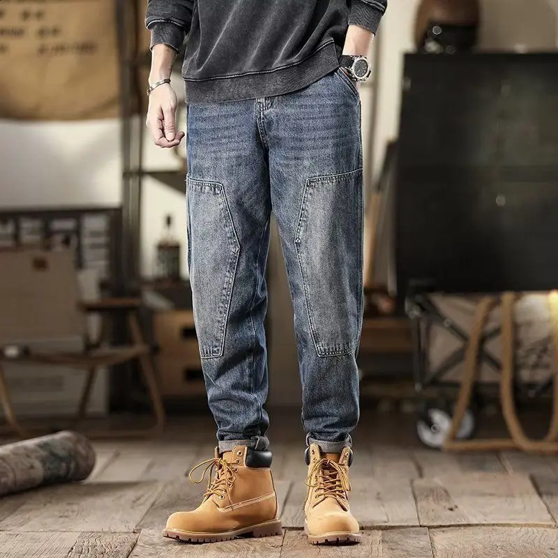 American retro hip-hop street summer jeans mens solid button zipper pocket fashionable casual loose denim straight pants 240829