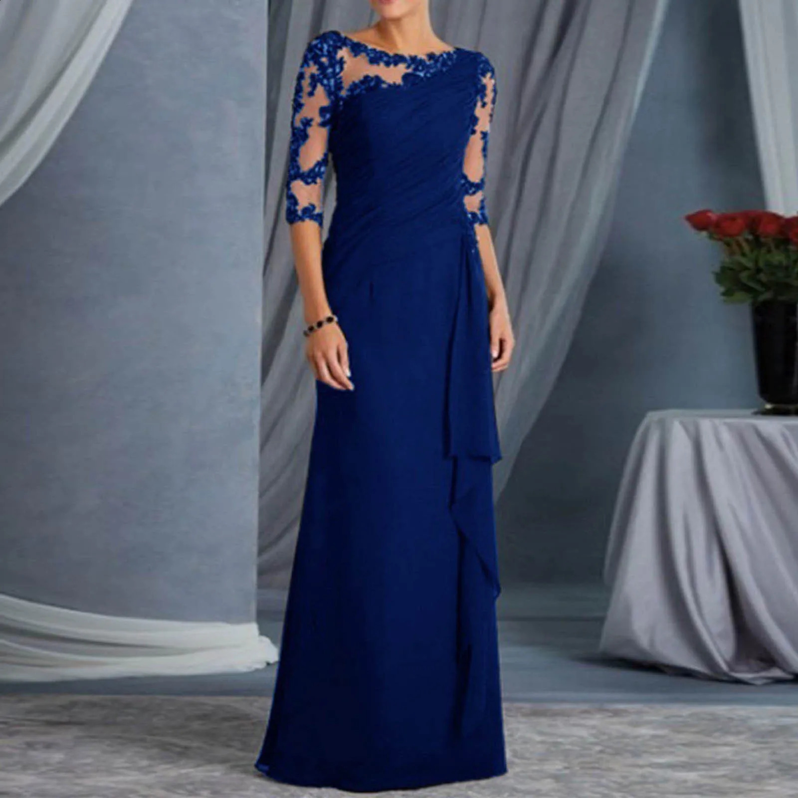 Women Elegant Lace See Through Prom Dress Sexy Round Neck Mid Sleeve Long Dress Formal Midi Evening Dress with Wave Ribbon