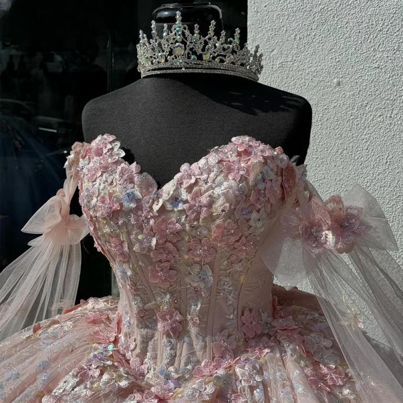 Pink Mexican Quinceanera Dressess With Cape Applique Beads Bow Tull vestido 15 quinceaneras Corset Prom Lace Up