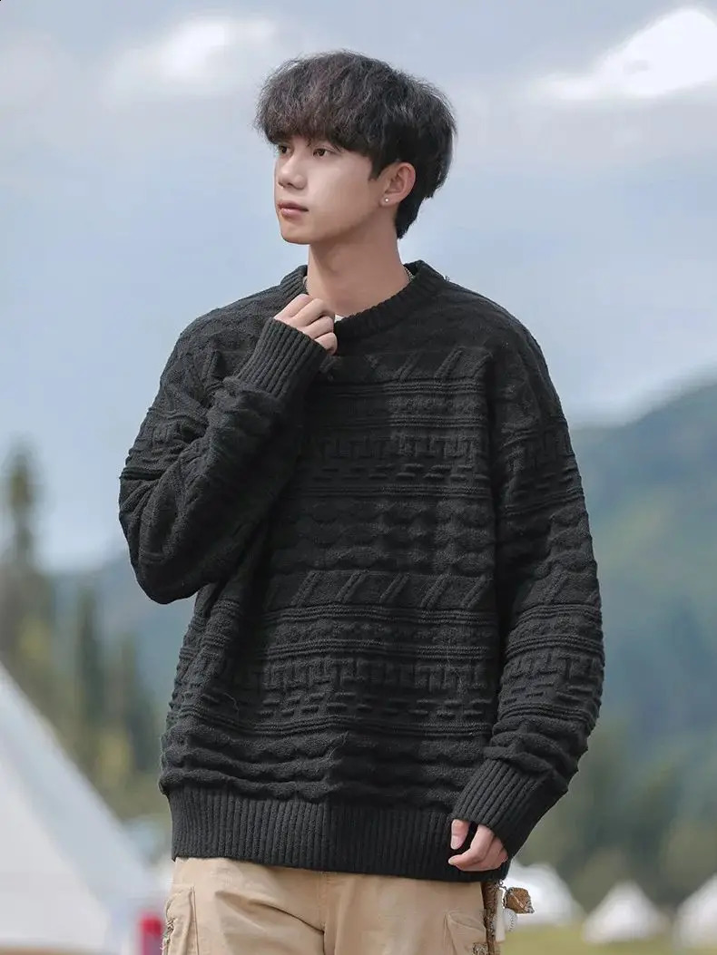 Retro striped soft latte sweater mens couple pattern autumn winter Japanese loose lazy style knitted warm sweater 240829
