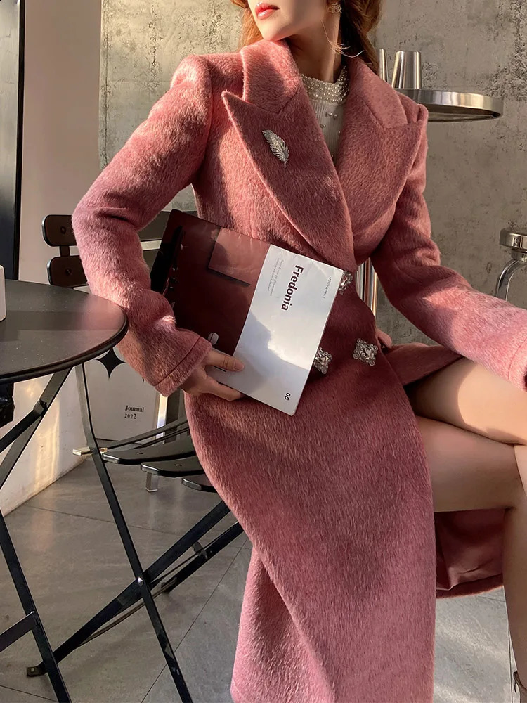 Dabuwawa notch double-sided wool long coat womens Epaulet double chest jacket elegant coat ACGN DM1DCO017 240828