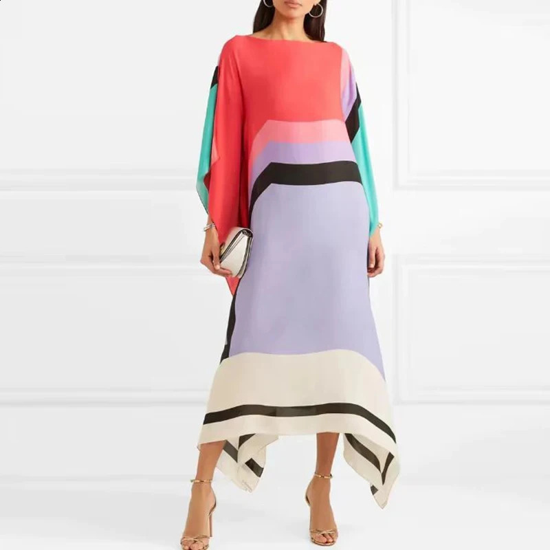 Candy Stripe Print Patchwork Kaftan Dress Womens Spring Round Neck Irregular Long Summer Bat Sleeve Bohemian 240828