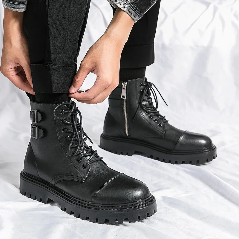 Winter Fashion Brown Leather Mens High Motorcycle Men Outdoor Thick Bottom Round Head Waterproonkle Boots 240828
